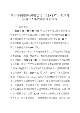 喀什市中國移動喀什公司“12·15”一般高處墜落亡人事故調查評估報告