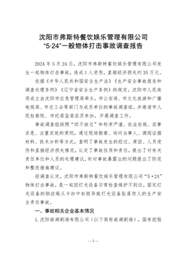 沈陽市弗斯特餐飲娛樂管理有限公司“5·24”一般物體打擊事故調查報告