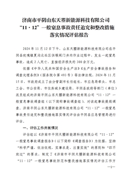 濟(jì)南市平陰山東天曌新能源科技有限公司“11·12”一般窒息事故責(zé)任追究和整改措施落實(shí)情況評(píng)估報(bào)告