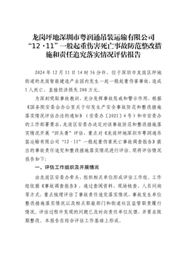 龍崗坪地“12·11”一般起重傷害死亡事故防范整改措施和責任追究落實情況評估報告