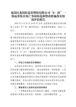 龍崗區(qū)龍崗街道某塑膠有限公司“6·26”一般起重傷害死亡事故防范和整改措施落實(shí)情況評估報告